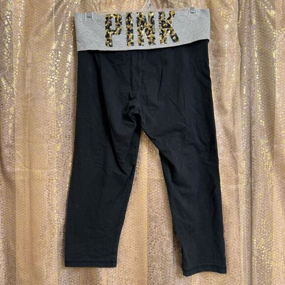PINK Victorias Secret VTG Y2K Black Gold Cheetah Foldover Sequin Bling Leggings - Picture 1 of 5